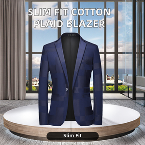 เบลเซอร์ผ้าฝ้ายทรงสลิมฟิตสำหรับผู้ชายเสื้อเบลเซอร์ลำลองกระดุมเม็ดเดียวพิมพ์ลายสก็อตดีไซน์ด้านหน้าเรียบ - Product Image 2