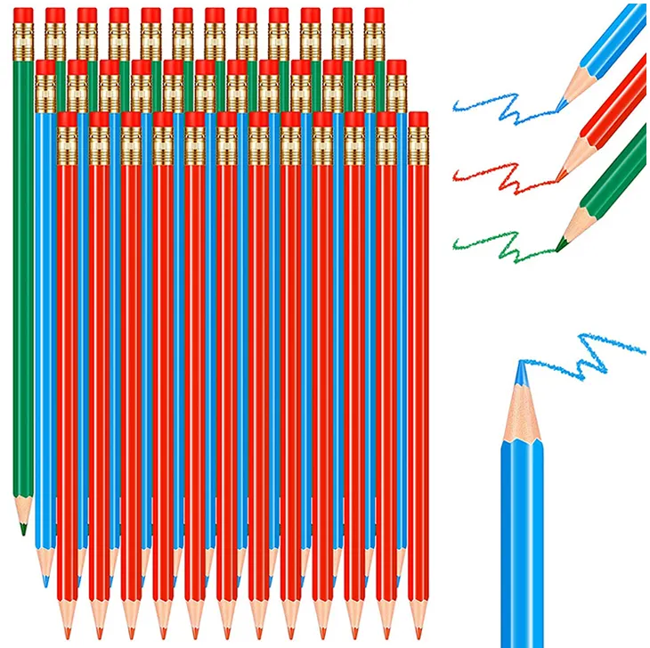 Juego de lápices de colores hexagonales personalizados, no tóxicos, de madera natural, azul/rojo/verde, a granel, sin borrador, venta al por mayor