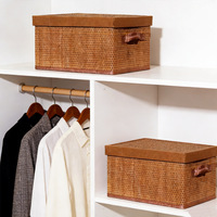 Cesta de Armazenamento Retangular de Bambu Estilo Europeu com Tampa, Caixa Organizadora Dobrável de Vime para Decoração de Mesa, Casa, Cozinha e Escritório