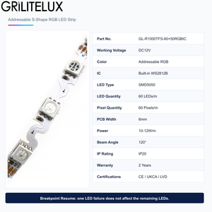 Tira de LED RGBIC Direccionable Tipo S WS2812B 12V 6mm PCB 60 LEDs/m 60 Píxeles/m Iluminación Flexible para Pantallas y Señalización Interior - Product Image 2