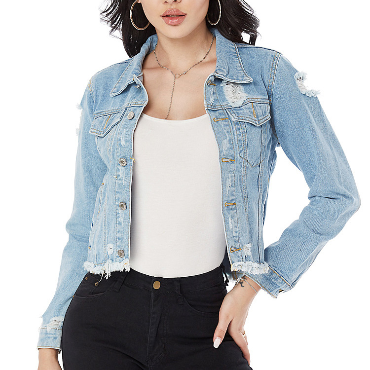 Chaqueta mezclilla de rasgada larga ajustada para mujer Azul Mujeres  rocic.com