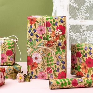 Kraft Floral Wrapping <b>Paper</b> <b>Roll</b> 17 Inch X 16.5 Feet Red Flower Pattern Vintage Gift <b>Wrap</b> - Product Image 3