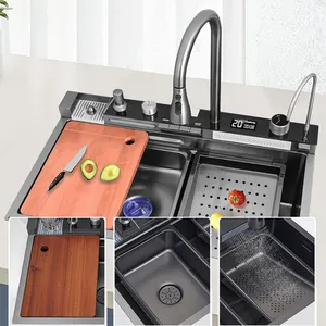 Modern High Quality Handmade 304 Stainless Steel Kitchen Sink Single Bowl Digital Display Waterfall Kitchen Faucet Sink Set