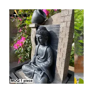 Decoración de jardín al aire libre moderna granito negro mármol piedra tallada gran cascada Buda chino fuente de agua precios