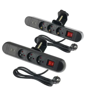 Desktop Rand Power Strip Verwijderbare Klem Eu Fr Outlet Socket 2 Usb-poort Verlengsnoer 3 Stekkers Surge Protector Voor kantoor Tafel