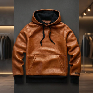 <b>Men's</b> <b>Brown</b> Leather Hooded Sweatshirt Solid Color Knitted Casual Pullover Front Pocket Autumn Wear - Product Image 4