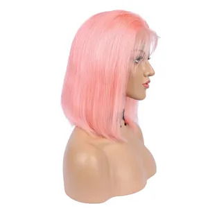10A HD Lace Frontal Wig 180 Density Light Pink Short Bob Wig Colorful Lace Front Human Hair Wig
