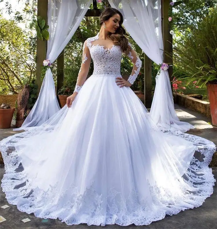Nuovo plus abiti da sposa a maniche lunghe in pizzo bianco a buon mercato su misura di grandi dimensioni su misura MWAB504