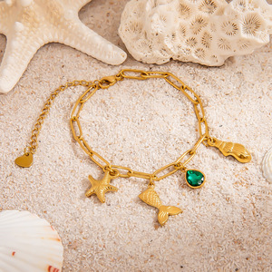 Bracelet en acier inoxydable thème océan, en forme de cœur et d'étoile, avec breloques étoile de mer et queue de poisson en pierre verte, serti clos, bijoux pour femme - Product Image 1