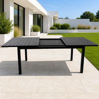 Table à manger extensible noir mat avec plateau à lattes anthracite foncé pour terrasse, jardin, cour et divertissements en plein air