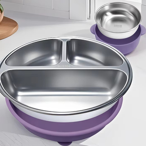 Juego de alimentación para bebés sin BPA, no tóxico, plato de succión de acero inoxidable azul con diseño de animales adorables - Product Image 2