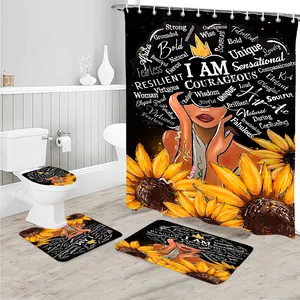 JA Wholesale 4Pcs Black Queen Shower Curtain Set with Hooks, Inspirational Quote Afrcian American Praying Woman Shower Curtains