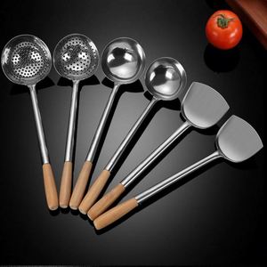 Wood Handle Large Colander Stainless Steel Cooking Spoon Hot Pot Net Sieve Drain Long Handle Large Colander - Product Image 1