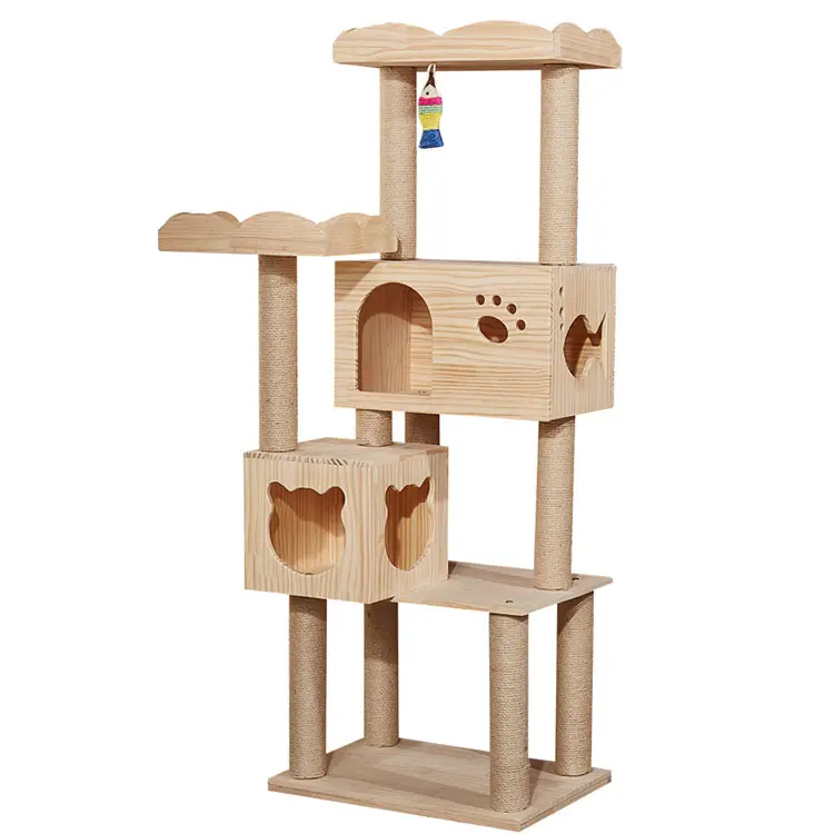 Chat en bois massif escalade arbre jouets résistant aux rayures Premium Sisal chat poteau avec tour de maison pour animaux de compagnie