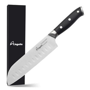 Couteau Santoku <span class=keywords><strong>haut</strong></span> <span class=keywords><strong>de</strong></span> <span class=keywords><strong>gamme</strong></span> <span class=keywords><strong>de</strong></span> 7 pouces en acier 440C, lame japonaise ultra-affûtée antiadhésive, manche en bois <span class=keywords><strong>de</strong></span> Pakka ambidextre, prise en main confortable - Product Image 1