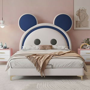 Cama Infantil con Forma de Ratón de Dibujos Animados, Cama Tapizada de Alta Gama para Niños, Diseño Moderno, Juego de Cama Doble de Madera Blanca y Rosa - Product Image 4