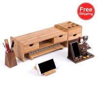 Elegante Soporte de Bambú para Computadora de Escritorio - Conjunto de Accesorios Modernos para Muebles de Oficina con Caja para Cables