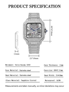<b>Skeleton</b> Sapphire Crystal Men's Ice Crystal VVS Moissanite <b>Watch</b> Buss Down Swiss Ronad 1042 Quartz Square Luxury Hip Hop - Product Image 4