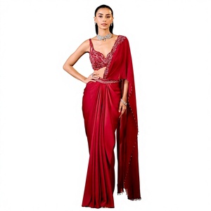Conjunto de sari moderno con detalles hechos a mano y drapeado, al mejor precio, ideal para bodas y recepciones. - Product Image 1