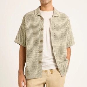 남자의 오픈 직조 니트 셔츠 반소매 린넨 혼방 버튼 업 캠프 칼라 크로 셰 뜨개질 스타일 최고 카키 - Product Image 1