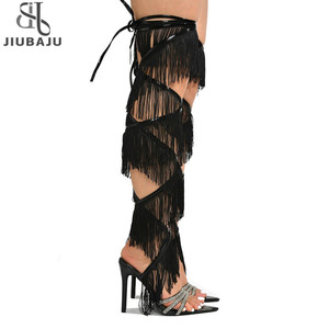 Sandalias por encima de la rodilla con borlas para mujer, zapatos con cordones y cristales puntiagudos, Sandalias de tacón alto sexis para fiesta - Product Image 4