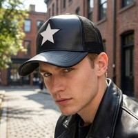 Gorra Trucker de 5 Paneles de Cuero PU y Malla con Logotipo Bordado en 3D Personalizado Premium, Parche de Cuero de Diseño de Lujo, Deportiva Unisex