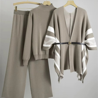 Ensembles tricotés pour femmes costume trois pièces cardigan pull et pantalon ensemble châle cape pantalon à jambes larges