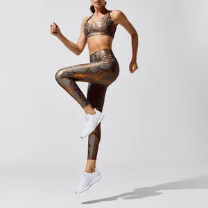 2021 Hot Sell yoga fitness sport bra and yoga pants set snake skin gold printing women active wear set