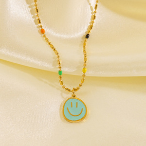 Collier F163 en émail coloré avec un chien mignon et un visage souriant, plaqué or, en acier inoxydable, chaîne à perles pour femmes - Product Image 4