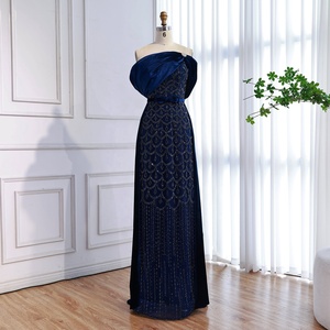 Serene Hill LA73416 Navy Blue <strong>Velvet</strong> <strong>Off</strong> <strong>Shoulder</strong> Evening <strong>Dress</strong> Mermaid Beaded Formal Party Gown with Removable Belt - Product Image 5