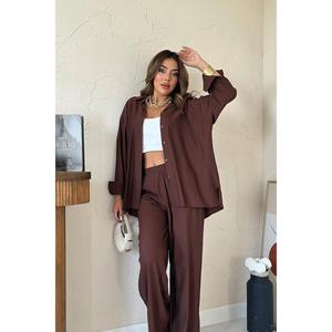 Conjunto Casual para Mujer al por Mayor, Camisa con Cuello Asimétrico y Solapa con Pantalones Anchos, Trajes Marrones Estilo Alice para Mujer, Nuevo Diseño - Product Image 3