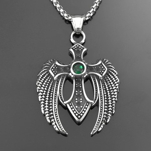 Stainless Steel Men's <b>Cross</b> Wing Pendant With Green Gemstone Asymmetrical Design Necklace Charm Gift - Product Image 3
