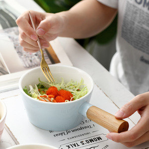 Vendita calda di <span class=keywords><strong>ceramica</strong></span> padella con manico <span class=keywords><strong>in</strong></span> legno ciotola di insalata - Product Image 4