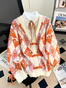 <span class=keywords><strong>Pull</strong></span> en tricot pour <span class=keywords><strong>femme</strong></span>, style cardigan ample et décontracté, col en V, motif ours mignon et nœud, collection automne-hiver, style dessin animé - Product Image 5