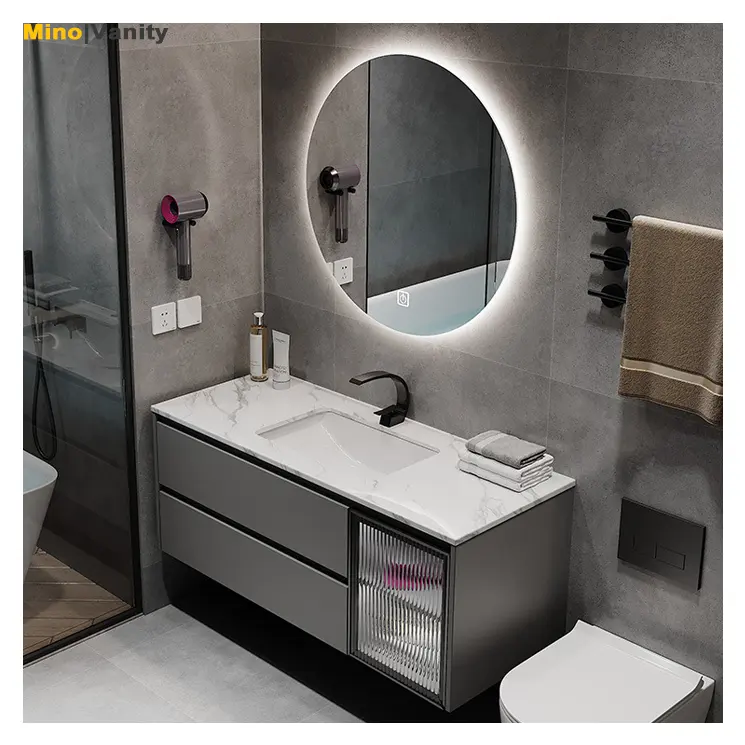 Modern Light Luxury Slate Desktop Ceramic Pvc Washbasin Vanity Cabinet Custom Bathroom Cabinet