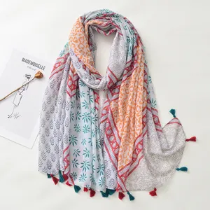 factory directly wholesale women vintage printed scarf handmade cotton voile scarf with tassels