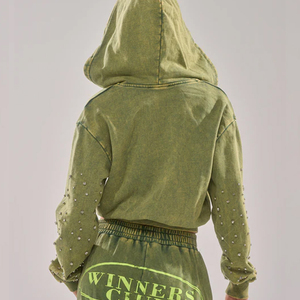 Sudadera con capucha OEM de forro polar de poliéster/algodón de alto gramaje con cremallera y pedrería, estilo French Terry, oversize, para invierno, streetwear, corte holgado, con cremallera y patchwork - Product Image 2