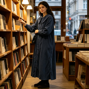 Robe Abaya d'été bleue unie à col Peter Pan, manches longues, coupe ample, couleur unie, robe décontractée musulmane pour le quotidien - Product Image 4