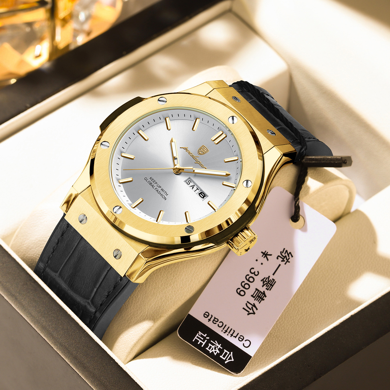 3 white dial gold case