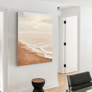 Peinture à l'huile artisanale, paysage marin, coucher de soleil, plage, encadrée, décoration minimaliste moderne pour salon, œuvre d'art - Product Image 2