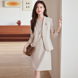 Pink Suit Jacket And Dress Two Piece <b>Set</b> Women's Business Wear Solid Color Anti Wrinkle Polyester <b>Blazer</b> Commute Style - Product Image 2