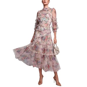 Vestido de noche de organza con estampado floral de manga larga para mujer, cuello alto, cintura imperio, falda maxi transparente con capas - Product Image 5