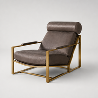 Fauteuil d'appoint moderne du milieu du siècle avec structure en métal doré, fauteuil rembourré avec appui-tête pour salon et bureau