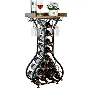Top Table Freestanding Floor Adjustable Feet 14 Bottles Wood Wine Storage Organizer with Glass Holder