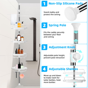Adjustable <b>Tension</b> Pole Corner Shower Caddy No Drilling Rustproof Stainless Steel Organizer Shower <b>Shelf</b> with Holder - Product Image 2
