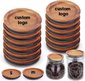 custom logo eco storage canning ball jar lids reusable regular wide mouth acacia wooden mason jar lids with silicone seals