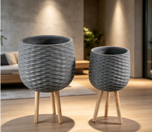 Modern Concrete Flower Pot with Wood Legs 3D Diamond Pattern Indoor Planter Set Minimalist Design for Hotel Decor - Product Image 2