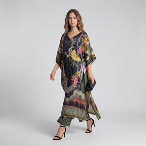 Robe longue kaftan pour femme en soie polyéthylène à plumes, coupe ample confortable, élégante et fluide, idéale pour toutes les saisons. - Product Image 1