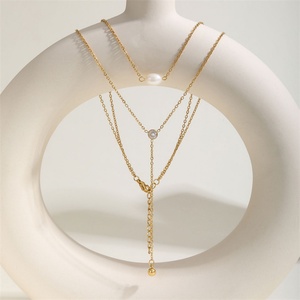 Collier Lariat Géométrique Tendance en Acier Inoxydable, Double Couche, Trois Breloques, Pendentif Perle Solide - Product Image 4