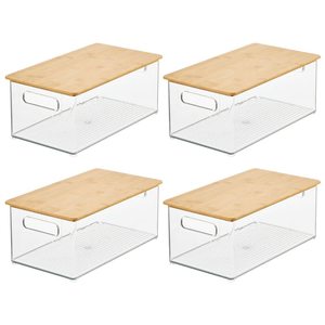 Plastic Stackable Kitchen Pantry Cabinet Food Storage Bin 4 Pack - Clear Bamboo Lid Plastic bin